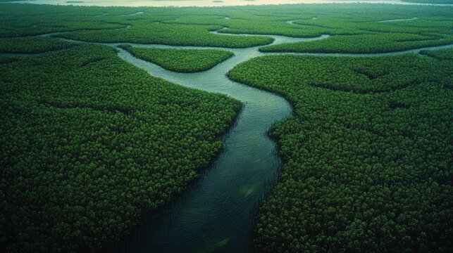 Aerial view of a mangrove forest with a river in the Riau Islands, Indonesia. top-down perspective, high resolution, high definition, high quality, high detail, high contrast, high color, professional