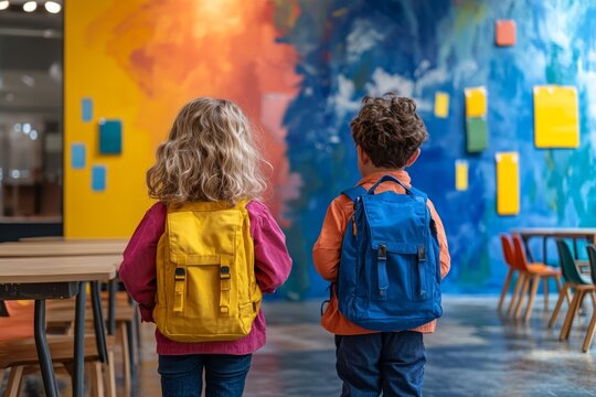 Children explore colorful art in a vibrant indoor space while wearing backpacks during a creative outing