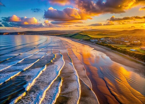 Witness Devon's coastal magic: a stunning Westward Ho! sunset, expertly captured by drone photography.