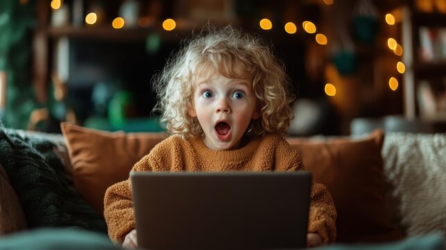 A child with curly hair expresses surprise while looking at a laptop screen, set in a cozy, warmly lit room decorated with soft textures and lights.