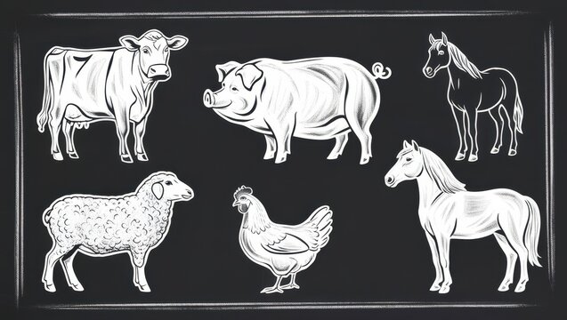 Chalkboard Farm Animals Cow Pig Sheep Horse Chicken Rustic Vintage Illustration