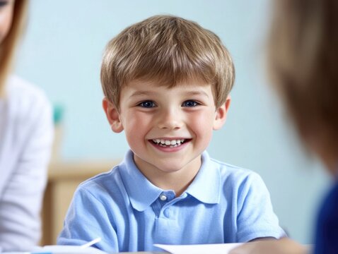 Cheerful young boy with short blonde hair smiling at a classroom table, engaged in collaborative learning with classmates, vibrant blue background, soft focus.