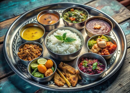 Experience a Nepali thali feast through stunning architectural photography showcasing daal bhat, tarkari, dhido, meat, and rice.