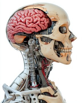 High definition side profile of a human skull with exposed brain, merging realism and medical illustration to depict neuroscience, cognitive studies, and the structure of the human mind