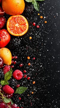  Fruits & veggies on black bkg w/ water drops above & below