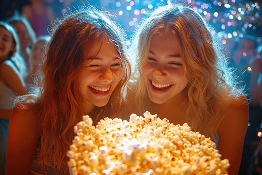 Joyful friends sharing large bowl of popcorn, surrounded by spar