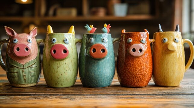 Five animal-themed mugs on a table.