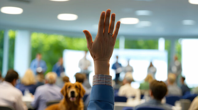 Raised hand in a conference room, questioning a presentation.