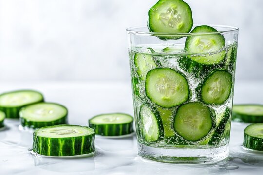 Refreshing drink features crisp cucumber slices floating in spar