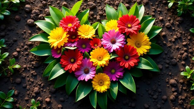 A heart made of colorful flowers and green leaves on dark soil, symbolizing love for nature, environmental care, and the harmony between humanity and the Earth.