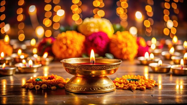 Golden Diya placed on a Kalash in the center of a traditional Hindu altar for Diwali pooja decoration, kalash vimaan, diyas for diwali