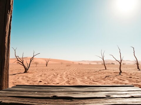 A wooden frame standing in the vast Bintan desert landscape under the blue sky, barren, blue sky, wooden