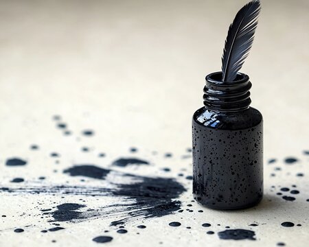 Black ink bottle with feather and spilled ink.