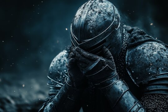 A shadowy scene of a knight removing their helmet after surviving a harrowing battle, their expression a mix of exhaustion and relief as moonlight shines on their armor