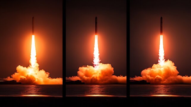 Powerful Rocket Launch Triptych Fiery Ascent Night Scene. AI Generated