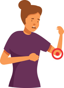 Woman experiencing elbow pain, highlighted by red circle, concept of health problems and medical care