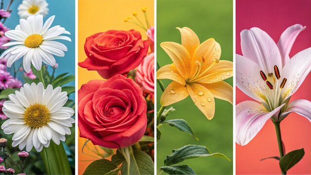 Explore floral contrasts in this four-part image, featuring sunny yellow wildflowers, elegant blue and white daisies with purple spikes, a playful pink dahlia, and a sophisticated peach and orange dah