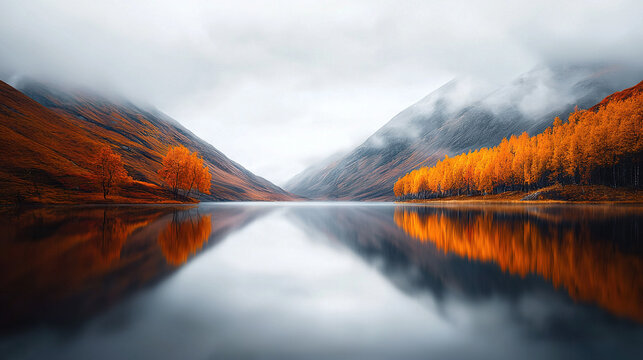   Water encircled by peaks, trees in fg, misty sky bkg