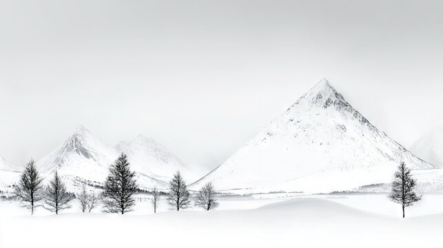  B/W image of mountains w/ trees in fg & snow in bkg