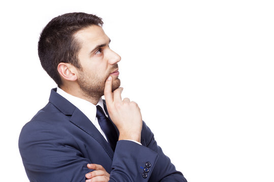 Thoughtful business man, isolated on white background