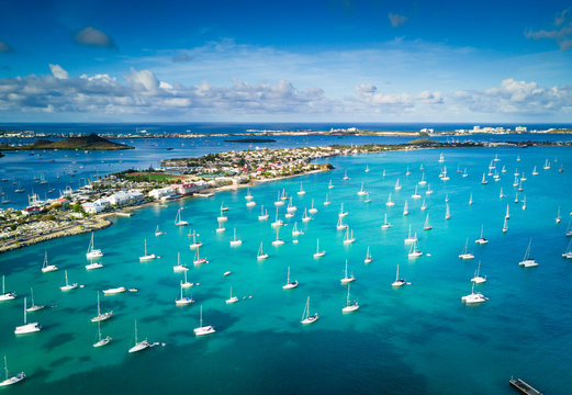 Boats in the marina of the Marigot Bay in Saint Martin