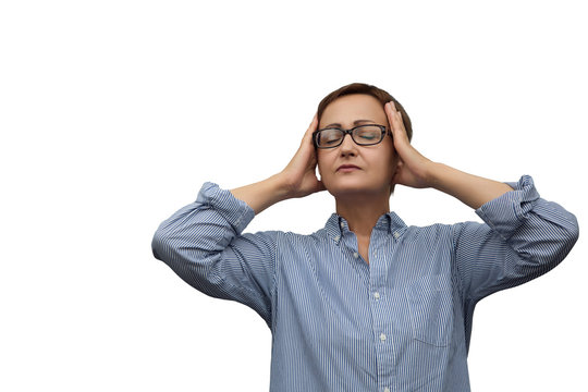 Stressed woman isolated on white background. Portrait of middle aged female 40 50 years old with migraine headache pain feeling exhausted.