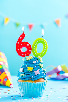 Sixtieth 60th birthday cupcake with candle. Card mockup.