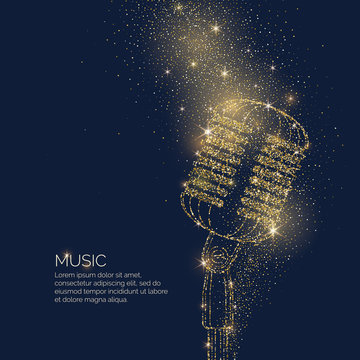 Bright music poster with microphone of glitter place for text. Vector illustration