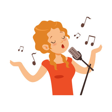 Girl singing with microphone, singer character cartoon vector Illustration