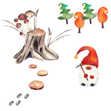 Design set with a dwarf with a hammer, a tree stump with mushrooms and dry grass, trees, wooden saw cut and traces. watercolor illustration with clip arts