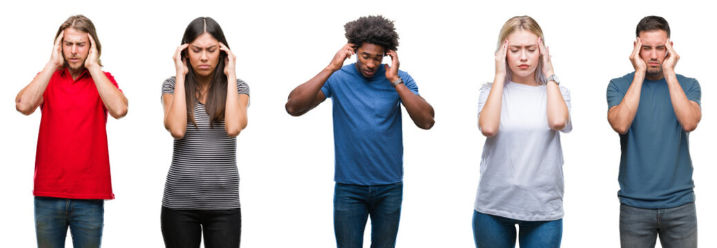 Composition of african american, hispanic and caucasian group of people over isolated white background with hand on head for pain in head because stress. Suffering migraine.