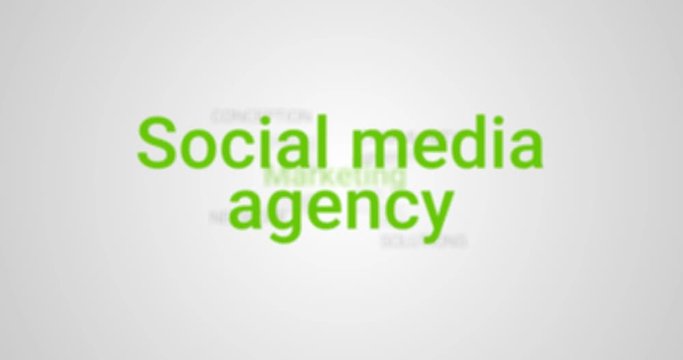 Video Intro showing the portfolio of a social media agency (e.g. planning, strategy, goals, content). Gray background, green text. Tag Cloud