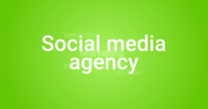 Video Animation showing the portfolio of a social media agency (e.g. seo, search optimization, ranking, positioning). green background, white words. Tag Cloud