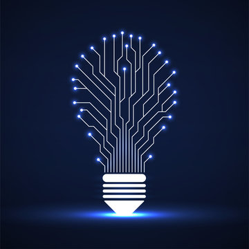 Abstract glowing lamp with circuit board. Technology light bulb