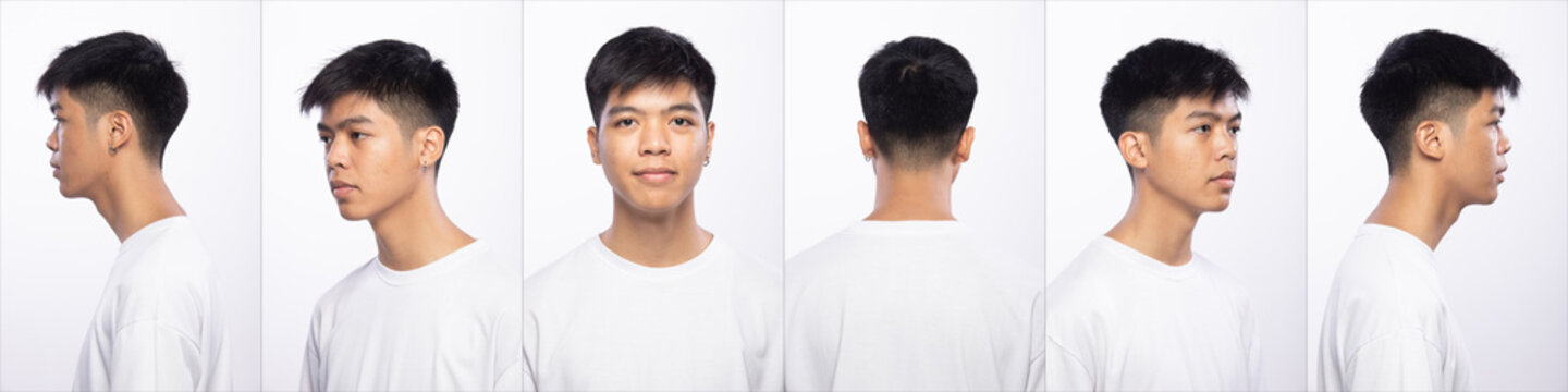 Collage pack group of Asian Teenager man before make up hair style. no retouch, fresh face with nice and smooth skin. rear side back view Studio lighting white background isolated 360