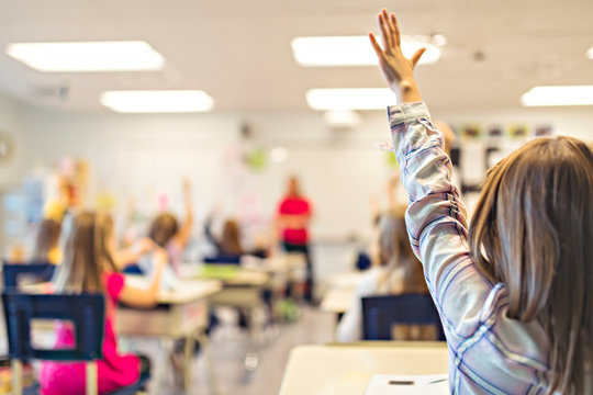 education and school concept little student girl studying at school arm up