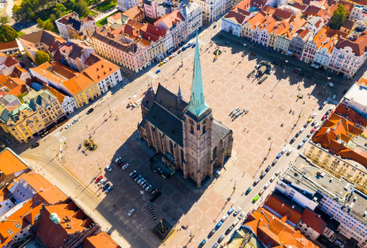 Aerial view to The cathedral of St. Bartholomew. Gothic church located on the Main Square in Pilsen.  Spire height is 102.3 m. Beautiful Czech landmark.