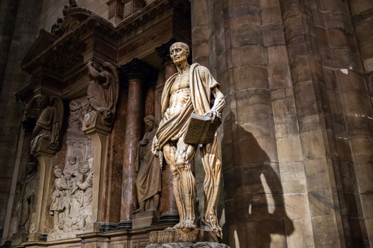 Milan, Italy - March 8, 2019: Statue of St. Bartholomew Flayed was one of 12 Apostles and an early Christian martyr that was skinned in the Duomo di Milano, Milan cathedral, Sculpture