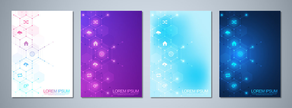 Set of template brochure or cover book, page layout, flyer design with technological background and flat icons and symbols. Concept and idea for innovation technology and communication.