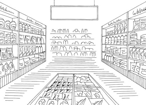 Grocery store shop interior black white graphic sketch illustration vector