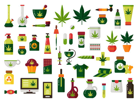 Cannabis marijuana plant oil illustration vector set