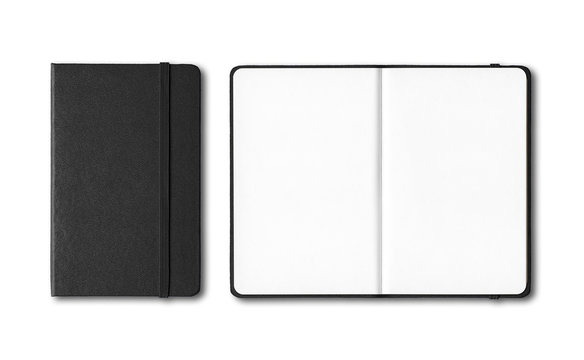 Black closed and open notebooks isolated on white