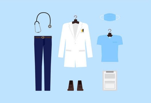 Doctor's supplies. The doctor's gown is hanging on a hanger. Mask, medical chart, shoes, pants, and stethoscope are listed in a flat illustration.