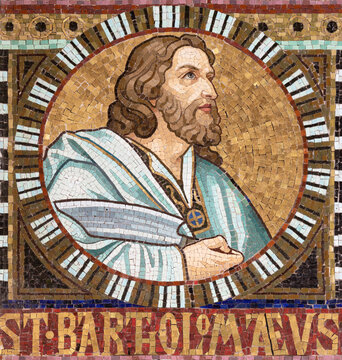 VIENNA, AUSTIRA - OCTOBER 22, 2020: The detail of apostle St. Bartolomew from mosaic of Immaculate Conception in church Pfarrkirche Kaisermühlen.