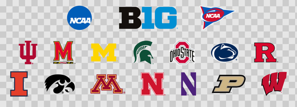 Logos of the Big 10 colleges of the NCAA. Scalable Vector image.