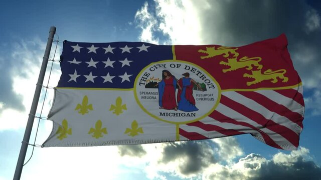 Detroit city flag, city of USA or United States of America, waving at wind in blue sky