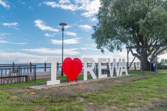 Rewa, Poland - August 21, 2021: I love Rewa sign.