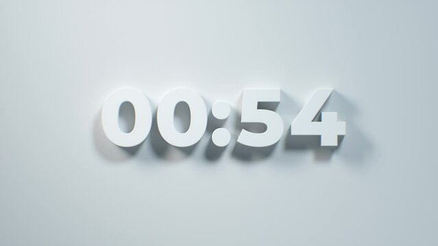 60 Seconds countdown. Minimal 3D White numbers on a white wall. 1 minute countdown. 30 or 10 seconds. Simple digital countdown clock timer in one minute or 60 seconds to zero second. For intros, quiz