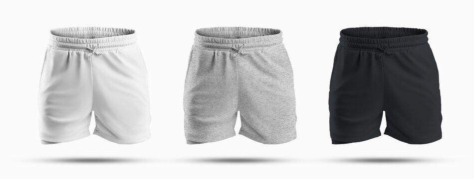 Mockups of men's sports shorts with compression undershorts and a drawstring at the waist.