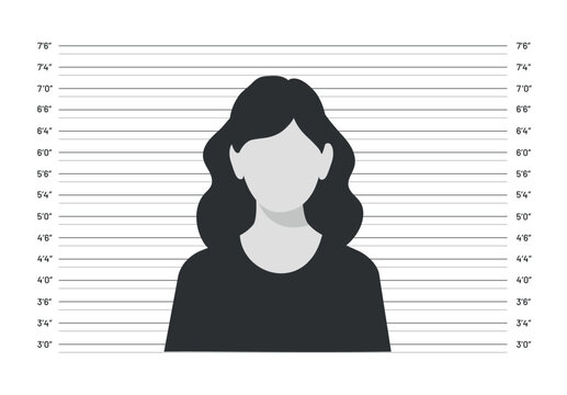 Silhouette of anonymous woman in mugshot lineup isolated on white background. Front view of suspect silhouette. Criminal mugshot. Vector stock